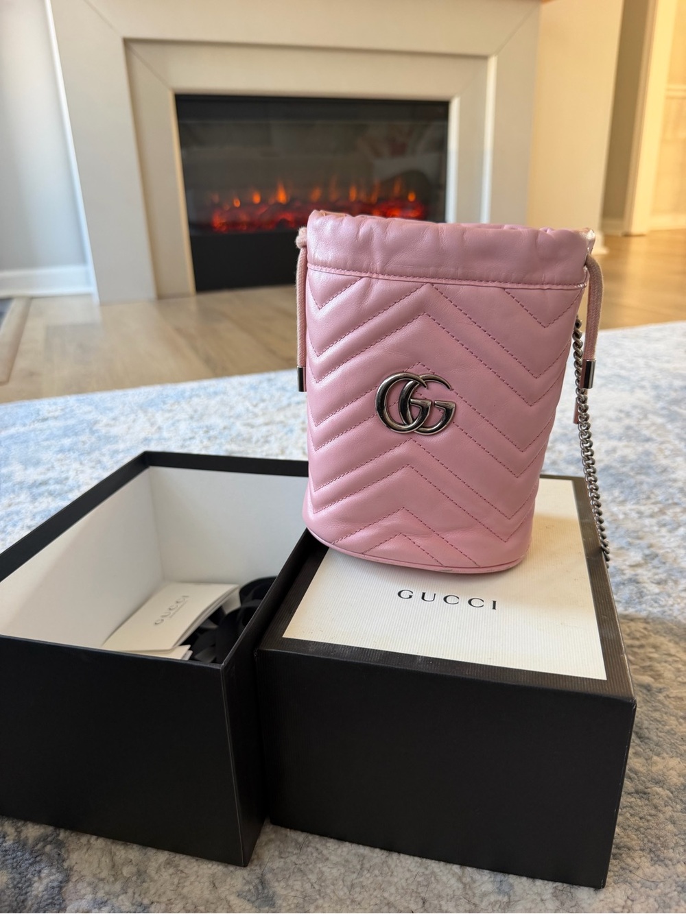 Gucci Pink Chevron Quilted Mini Crossbody Bucket Bag with Chain